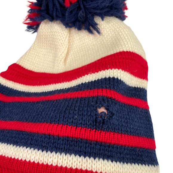 Vintage Ossi Striped Ski Snow Beanie 100% Worsted Wool Warm Knit- Pom Pom - Picture 4 of 5